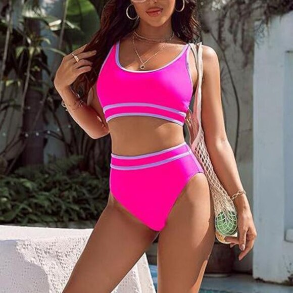 RETRO Bright Neon Pink High Waisted Square Neck Athletic Bikini - Size S - Picture 3 of 12